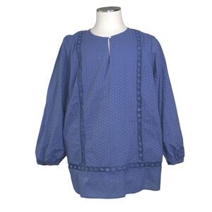 Land's End Eyelet Peasant Top Popover 1X 16W 18W Womens Plus Blue Long Sleeve